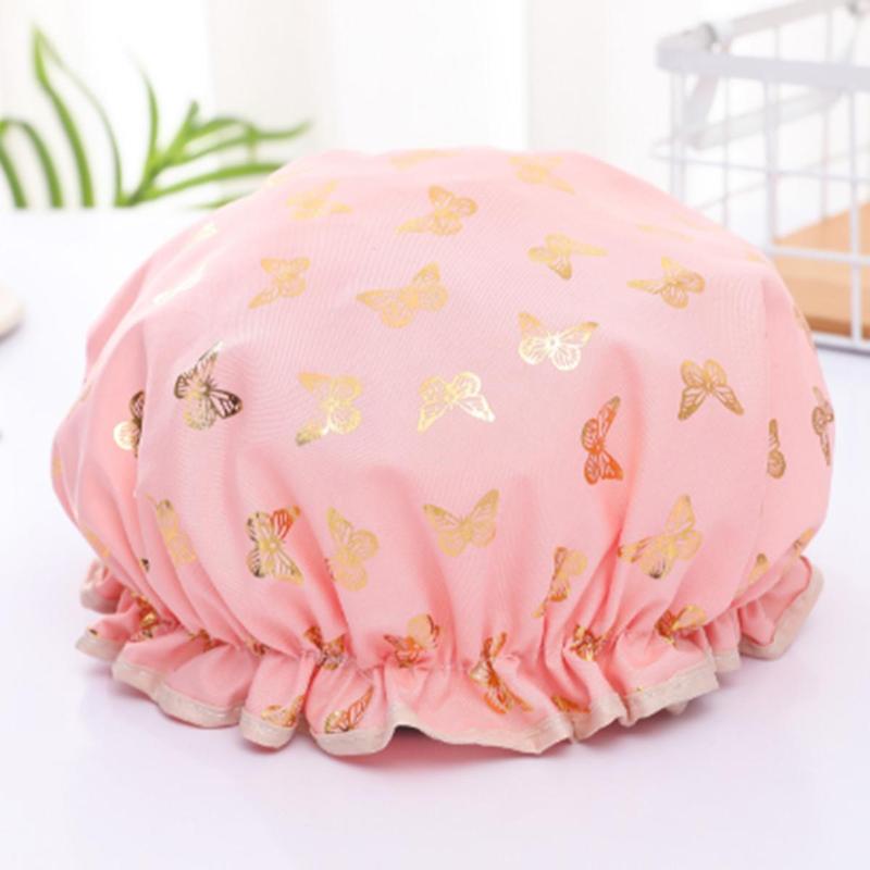 Double Layer Thickened Shower Cap, 1 Count Butterfly Pattern Waterproof Bathing Hair Cap, Bathroom Supplies for Women & Girls