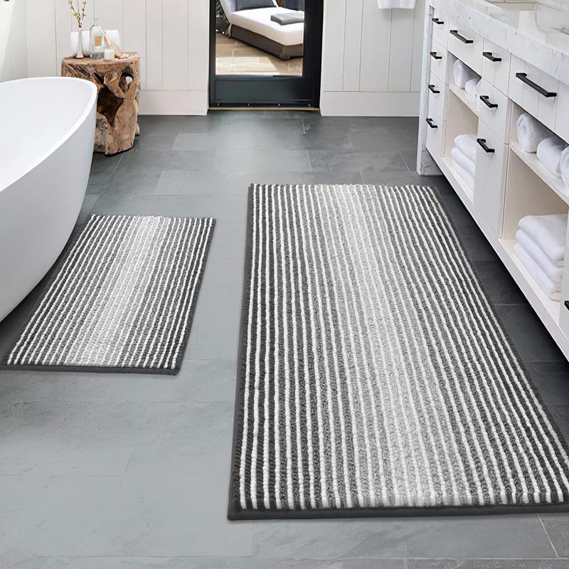 2 Piece Thick Absorbent Chenille Non Slip Bathroom Rugs and Mats Sets in Gray, Soft Shaggy Floor Mats Fluffy Bathtub