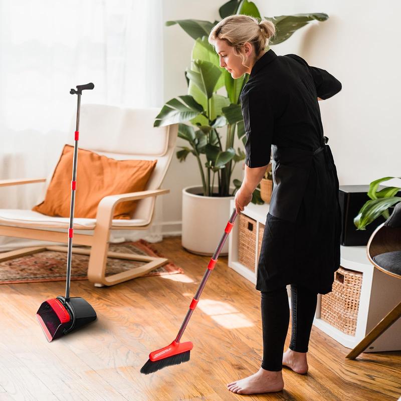 Long Handle Broom with Upright Standing Dustpan Combo for Home and Office Cleaning Bristle Rubber