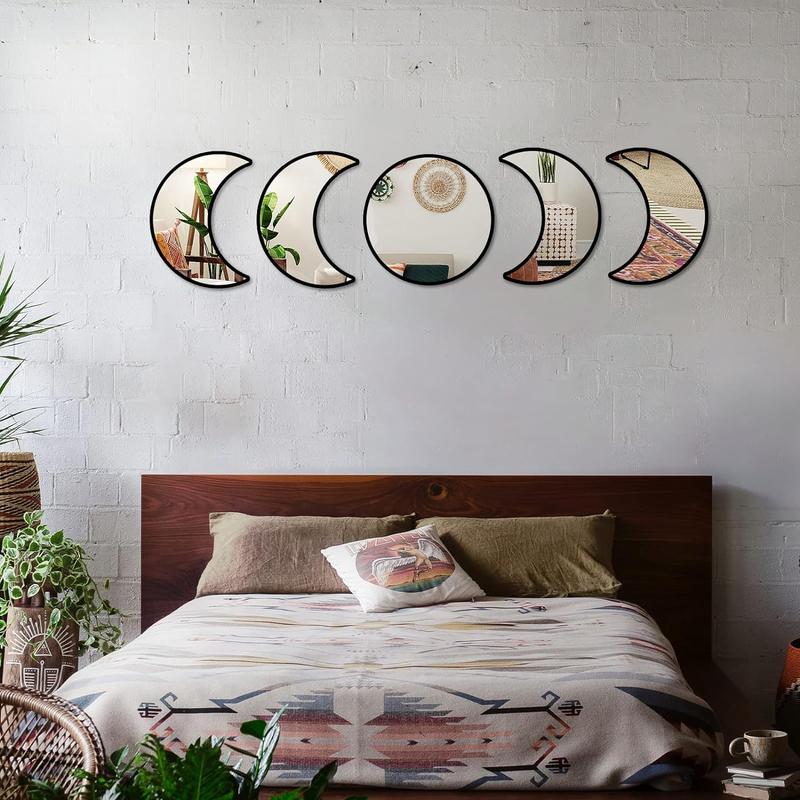 Home Decor Products Moon Cycle Design Wall Mirror Ornaments, 5 Counts Wooden Wall Art Hanging Decor for Home Living Room Bedroom, Spring Refresh Decor, Summer Home Decor, Father's Day Gift, Summer Gift