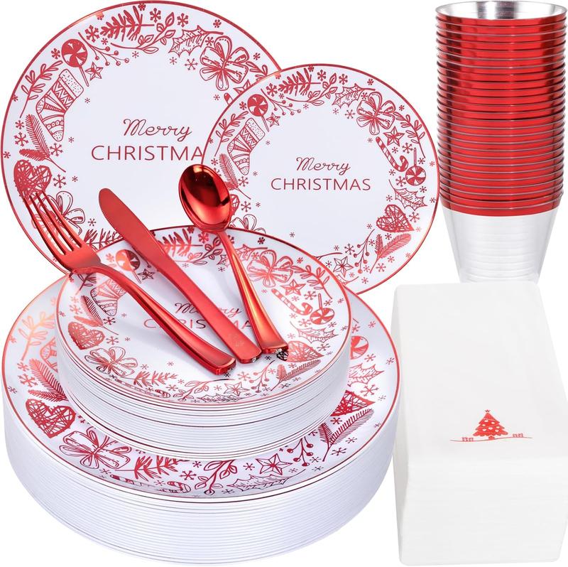 Nervure 175Pcs Christmas Plates Disposable - Christmas Plastic Plates - Red Christmas Dinnerware Set for 25 Guests Include 50 Red Plates, 75 Silverware, 25Cups, 25Napkins for Xmas Party