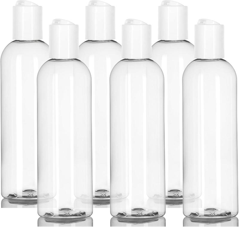 8 oz Clear Plastic Empty Bottles with White Disc Top Caps, Refillable Containers for Shampoo, , Cream and More Pack of 6, ,