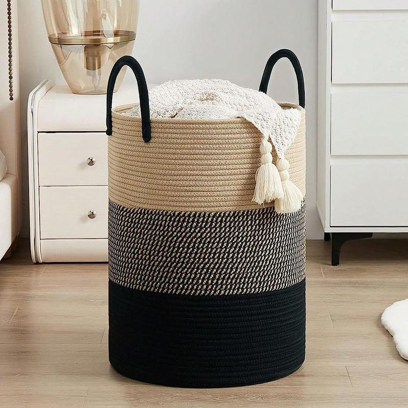 1pc -Tall Cotton Rope Laundry Hamper-15 X 20 Inches, Large Laundry Basket With Handles,Woven Storage Blankets Basket, Toys Basket, Dirty Clothes For Living Room, Bedroom, Brown & White, 58L Organiser Linen