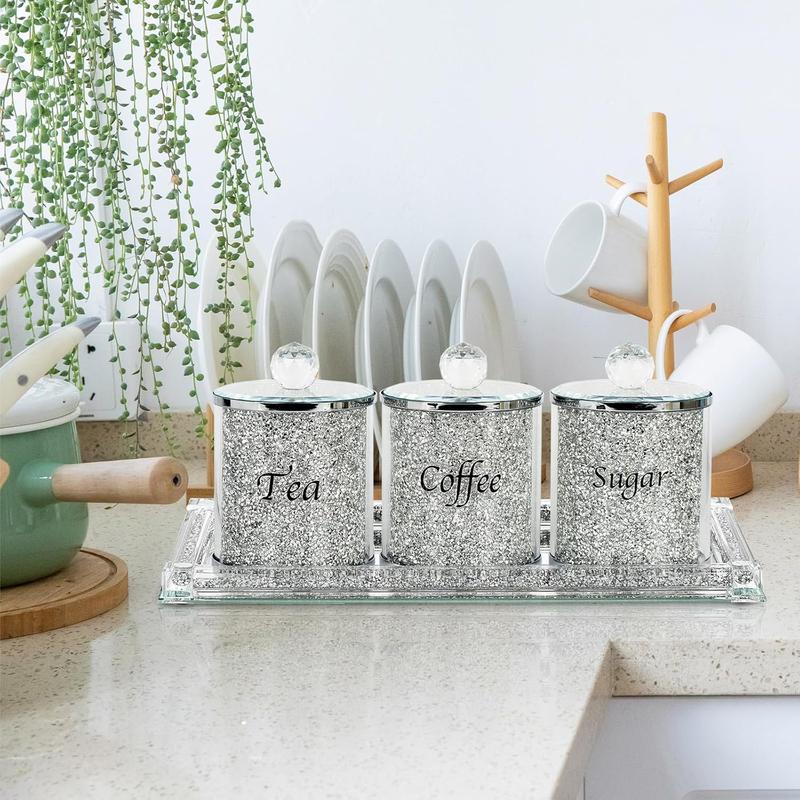 Topsky Coffee Sugar Tea Crystal Canister Set of 4,Sparkly Crystal Crushed Diamonds Home Decor,Silver Kitchen Coffee Jar Storage Set with Label & Lid,Storage Container Set for Countertop,Dining Room