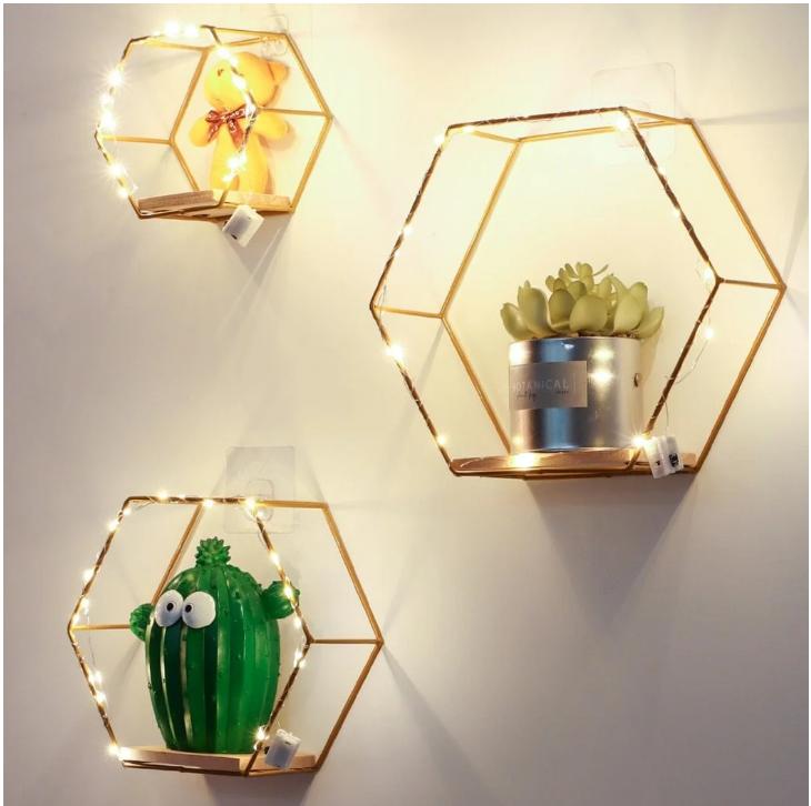 3Pcs Hexagon Floating Shelves with Light Strip for Home Wall Decor