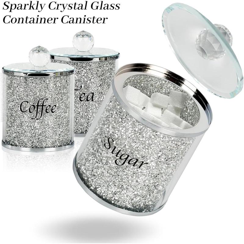 Topsky Coffee Sugar Tea Crystal Canister Set of 4,Sparkly Crystal Crushed Diamonds Home Decor,Silver Kitchen Coffee Jar Storage Set with Label & Lid,Storage Container Set for Countertop,Dining Room