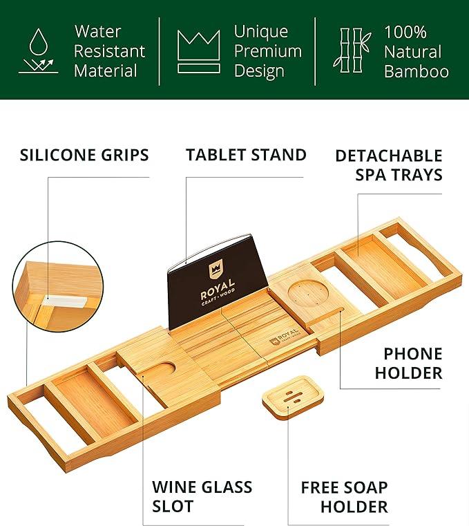 ROYAL CRAFT WOOD Premium Foldable Bathtub Tray - Expandable Bath Tray for Tub - Unique House Warming Bath Tub Tray Wood - Luxury Bathtub & Bathroom Accessories for New Home, Relaxing Spa, Women