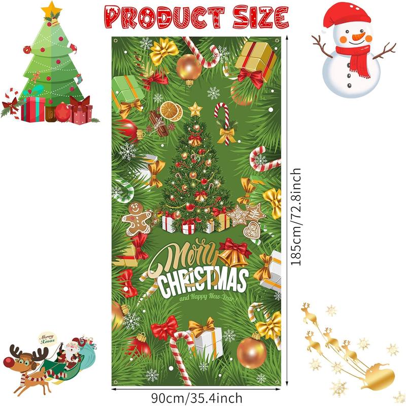 Christmas Door Cover Banner, Green Glitter Christmas Tree Backdrop Banner with Gift Boxes Candy Cane, Xmas Decorations Door Sign Banner for Outdoor Home Yard Garden  Year Party Decor, 90x185cm