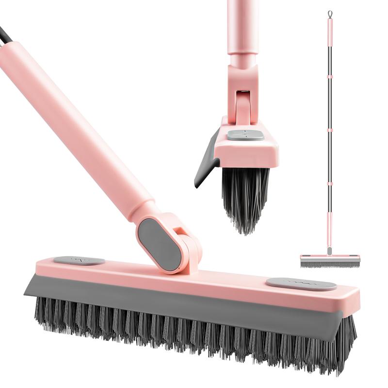 HAOTIKYU Pink Floor Scrub Brush with Long Handle 58'' Telescopic Handle Scrape Brush V-Shaped Corner Stiff Bristle Floor Scrubber with Squeegee for Cleaning Shower Bathroom Garage Kitchen Wall Tub Deck Tile