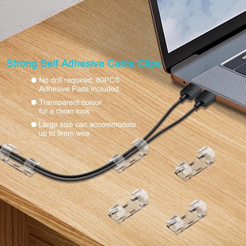 Clear Cable Management Clip, 40pcs Self Adhesive Cable Organizer, Cable Management Tool for Home Office, Home Organizer for Kitchen Bathroom