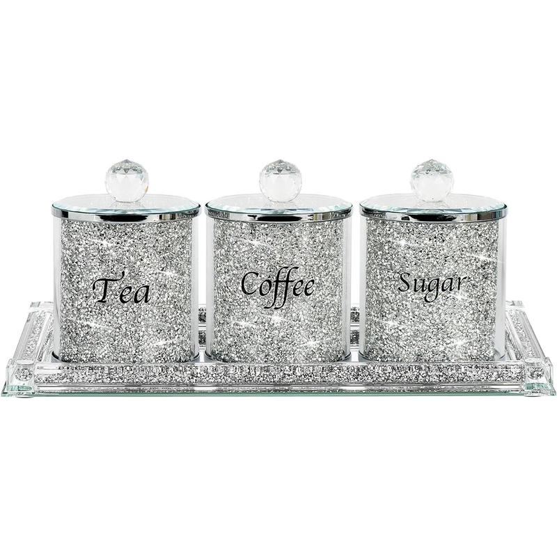 Topsky Coffee Sugar Tea Crystal Canister Set of 4,Sparkly Crystal Crushed Diamonds Home Decor,Silver Kitchen Coffee Jar Storage Set with Label & Lid,Storage Container Set for Countertop,Dining Room