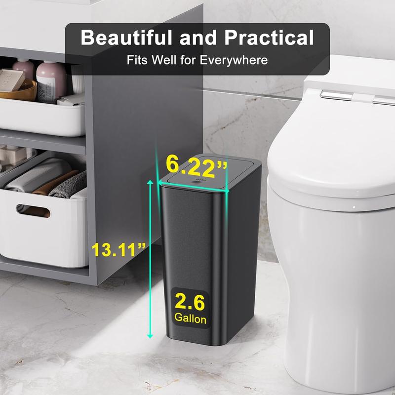 3 Pack 10L 2.6 gal bathroom trash can with lid. Small kitchen trash can with press type lid. Black. For bathroom, kitchen, office, bedroom.