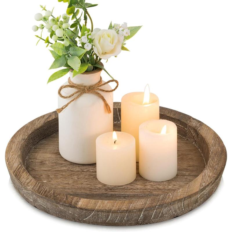 Candle Plate Holder Tray: Round Wooden Decorative Candle Plate Small Farmhouse Table Centerpiece Rustic Wood Tealight Pillar Trays for Christmas Wedding Halloween Home Decor