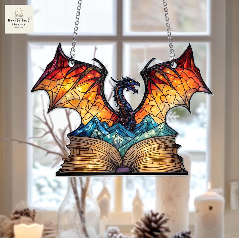 Book Dragon Suncatcher Ornament, Fantasy Dragon Wall Art Decoration, Acrylic Material, UV Printed, 6x6 inch - Hanging, Artwork