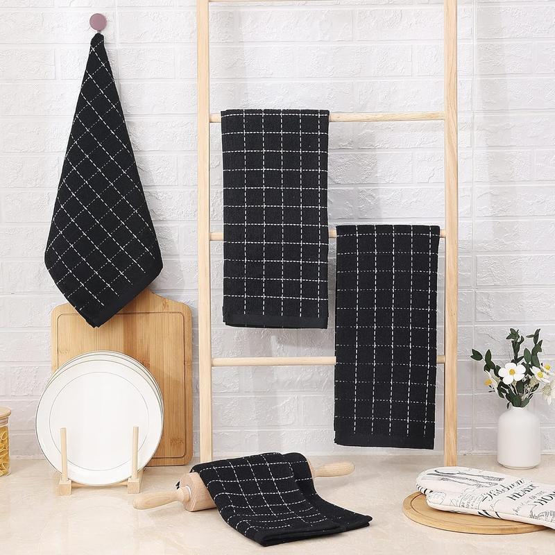 Cotton Terry Kitchen Towels(Black, 13 x 28 inches), Checkered Designed, Soft and Super Absorbent Dish Towels, 4 Pack