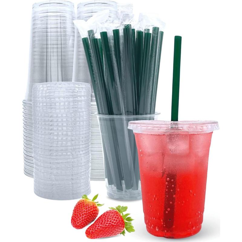 20 oz Clear Plastic Cups with Lids and Straws, Disposable Coffee Cups 25 Sets