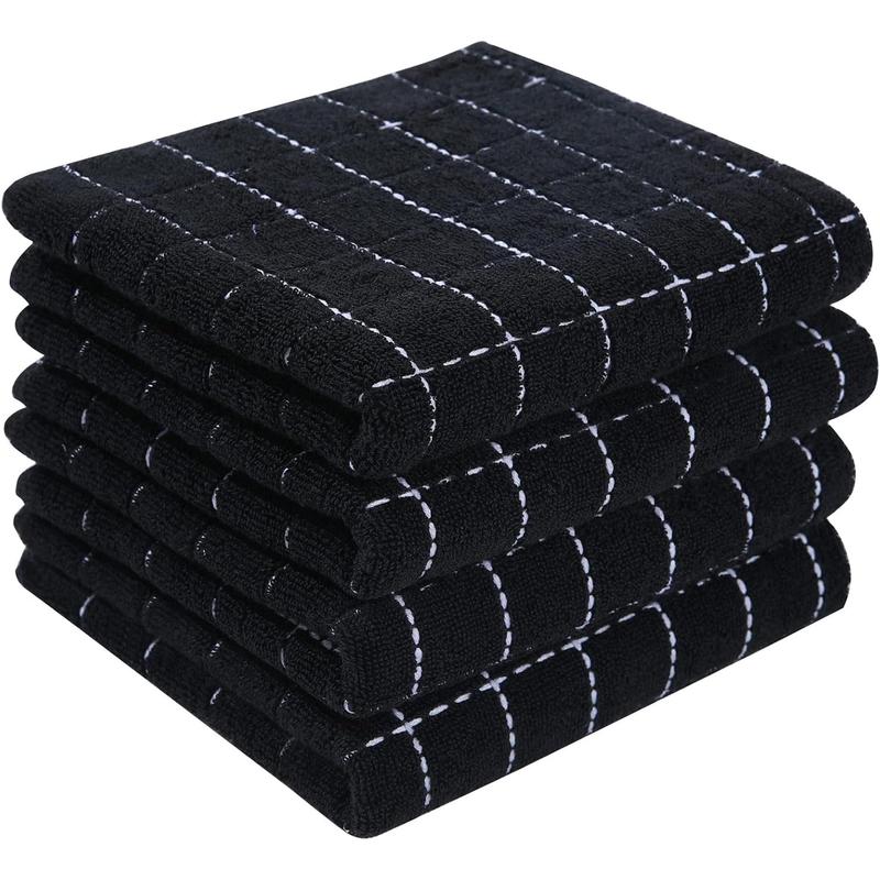 Cotton Terry Kitchen Towels(Black, 13 x 28 inches), Checkered Designed, Soft and Super Absorbent Dish Towels, 4 Pack