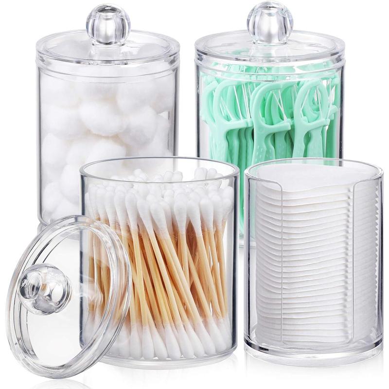 4 Pcs, 10 OZ Holder Dispenser for Cotton Ball, Cotton Swab, Cotton Round Pads, Floss - Clear Plastic Apothecary Jar Set Bottles