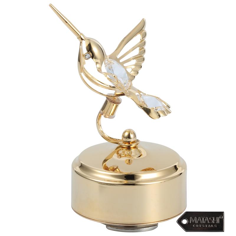 Matashi 24K Gold Plated Music Box - Crystal Studded Bee & Hummingbird Figurine - Plays 'Memory Decor Gift