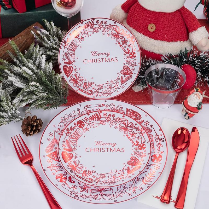 Nervure 175Pcs Christmas Plates Disposable - Christmas Plastic Plates - Red Christmas Dinnerware Set for 25 Guests Include 50 Red Plates, 75 Silverware, 25Cups, 25Napkins for Xmas Party