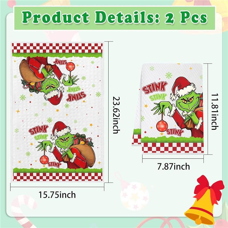 Christmas Kitchen Towels 2 Pcs Grinchmas Christmas Dish Towels, Waffle Weave Super Absorbent Hand Towels for Kitchen Bathroom Home Green Xmas Decorations (23.62 X 15.75 inch) Cleaning Set