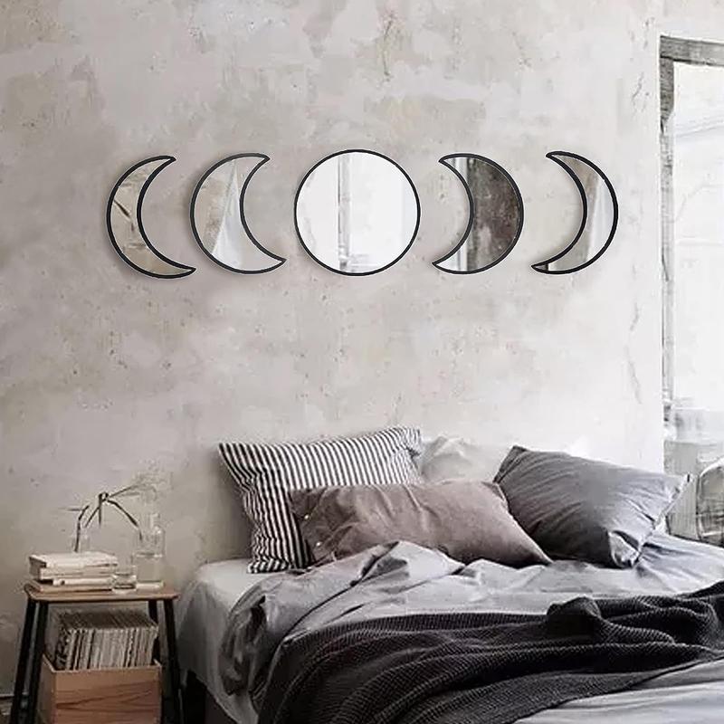 Home Decor Products Moon Cycle Design Wall Mirror Ornaments, 5 Counts Wooden Wall Art Hanging Decor for Home Living Room Bedroom, Spring Refresh Decor, Summer Home Decor, Father's Day Gift, Summer Gift