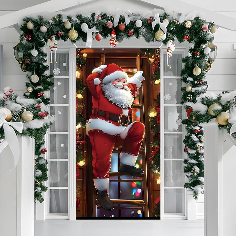 Santa Claus Climbing Ladder Door Banner, 1 Count Christmas Themed Door Decoration, Festive Backdrop for Home Party Decoration