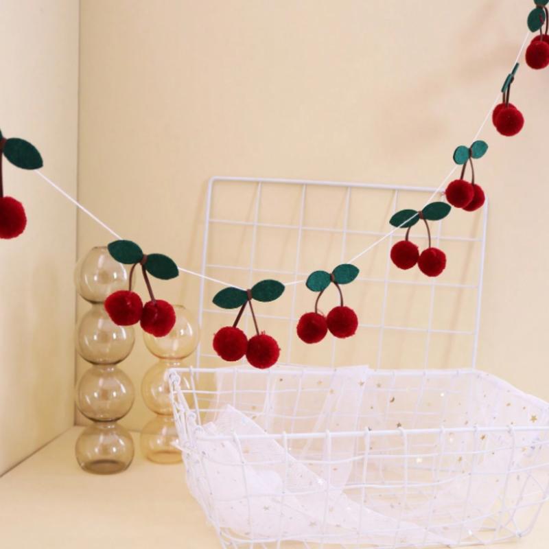 Hangable Cherry Plush Ball DIY Threading Banner for Bedroom Wall Decoration - Ornaments