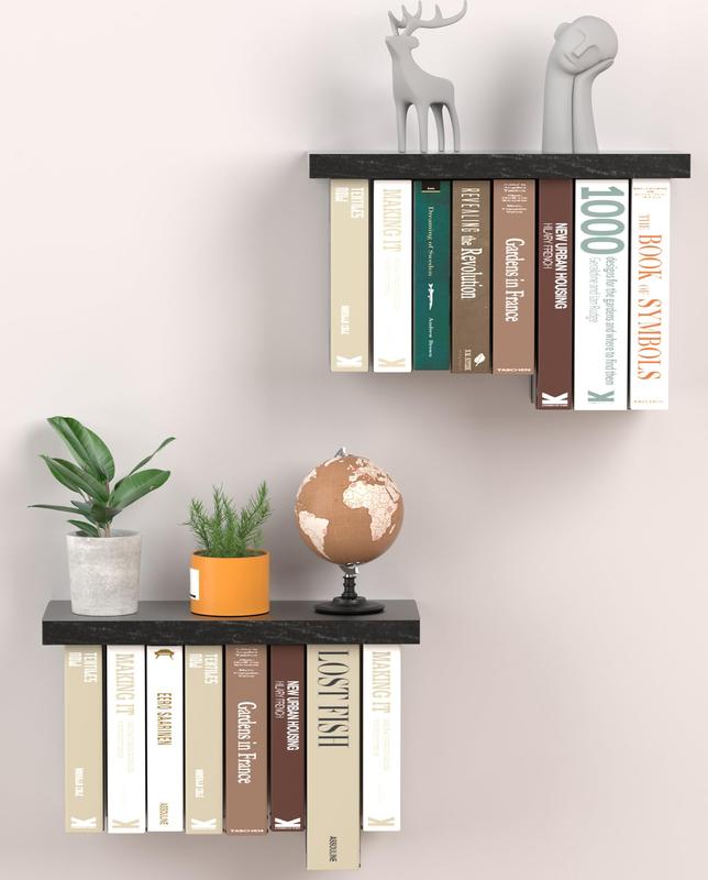 Floating Book Shelves for Wall Mounted Set of 2, Wood Hanging Bookshelf, Book Display Shelf for Wall, Unique Space Saving Book Shelf Wall Book Holder Decor Wooden