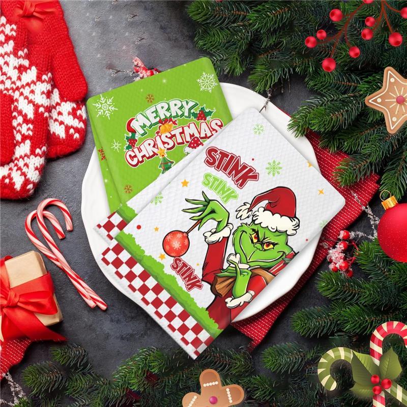 Christmas Kitchen Towels 2 Pcs Grinchmas Christmas Dish Towels, Waffle Weave Super Absorbent Hand Towels for Kitchen Bathroom Home Green Xmas Decorations (23.62 X 15.75 inch) Cleaning Set