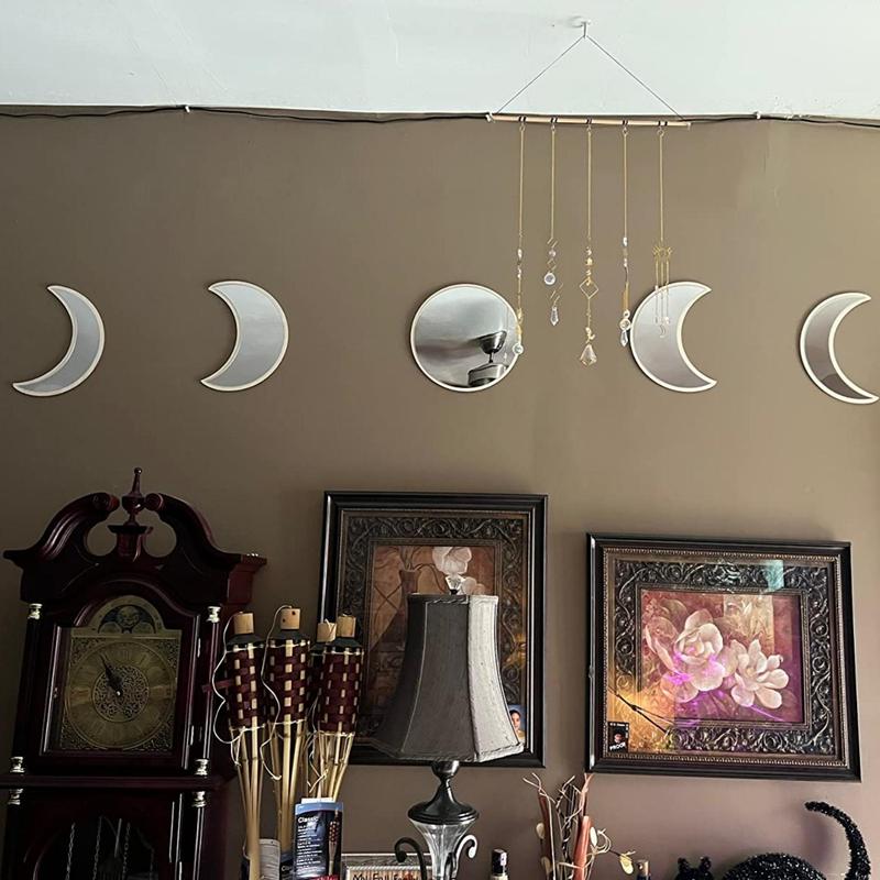 Home Decor Products Moon Cycle Design Wall Mirror Ornaments, 5 Counts Wooden Wall Art Hanging Decor for Home Living Room Bedroom, Spring Refresh Decor, Summer Home Decor, Father's Day Gift, Summer Gift