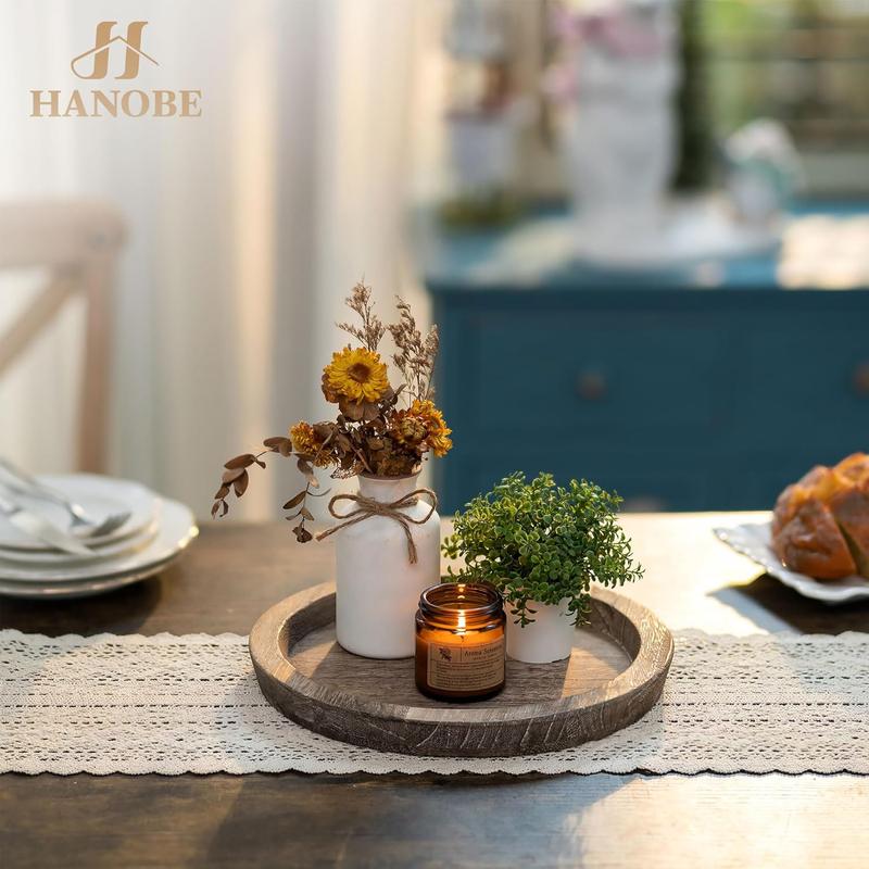 Candle Plate Holder Tray: Round Wooden Decorative Candle Plate Small Farmhouse Table Centerpiece Rustic Wood Tealight Pillar Trays for Christmas Wedding Halloween Home Decor