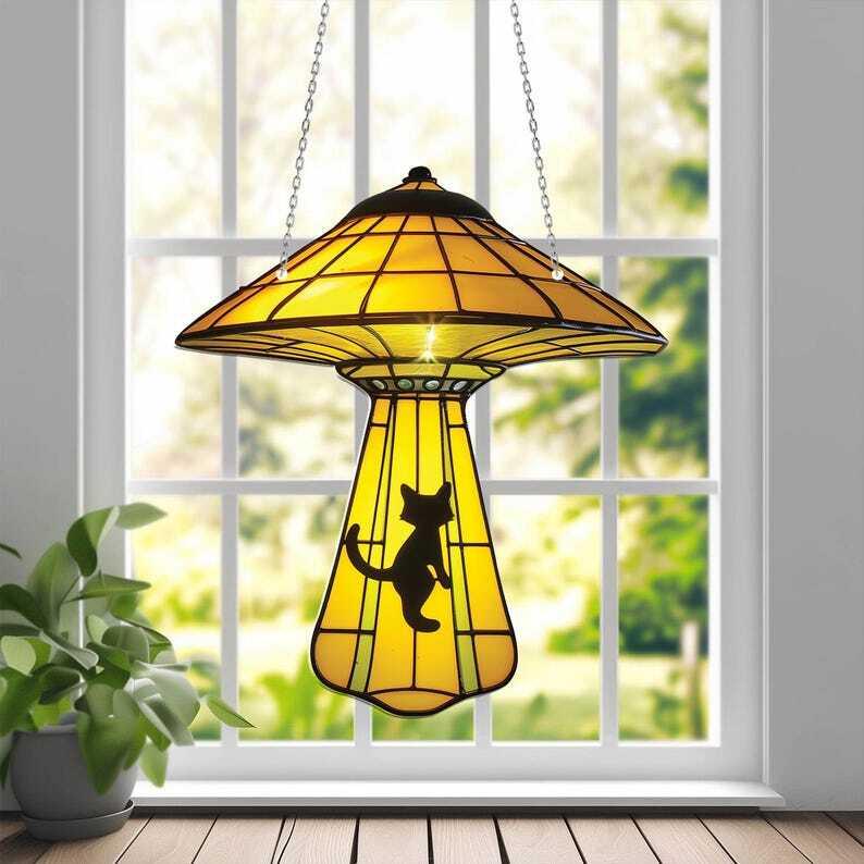 UFO and alien cat Window Hanging, Silly Cat Arcylic Window Hanging Art Decoration, Cat home decor Ornament, gift for her, Housewarming Gift