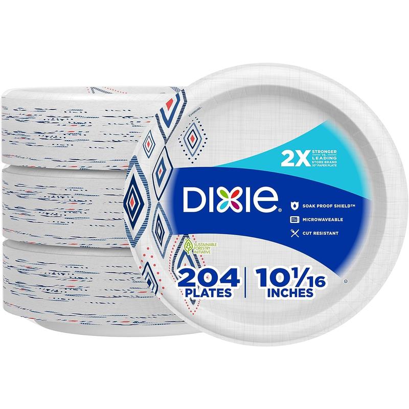 Dixie Large Paper Plates, 10 Inch, 204 Count, 2X Stronger, Microwave-Safe, Soak-Proof, Cut Resistant, Disposable Plates for Everyday Breakfast, Lunch, & Dinner Meals Georgia-Pacific