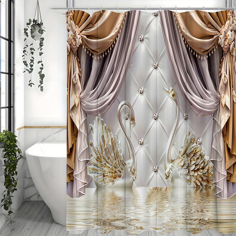 1 Piece Gold Floral Swan Print Shower Curtain Set with Hooks Waterproof Bathroom Partition Curtain, Bathroom Accessories, Beautiful Room Decoration