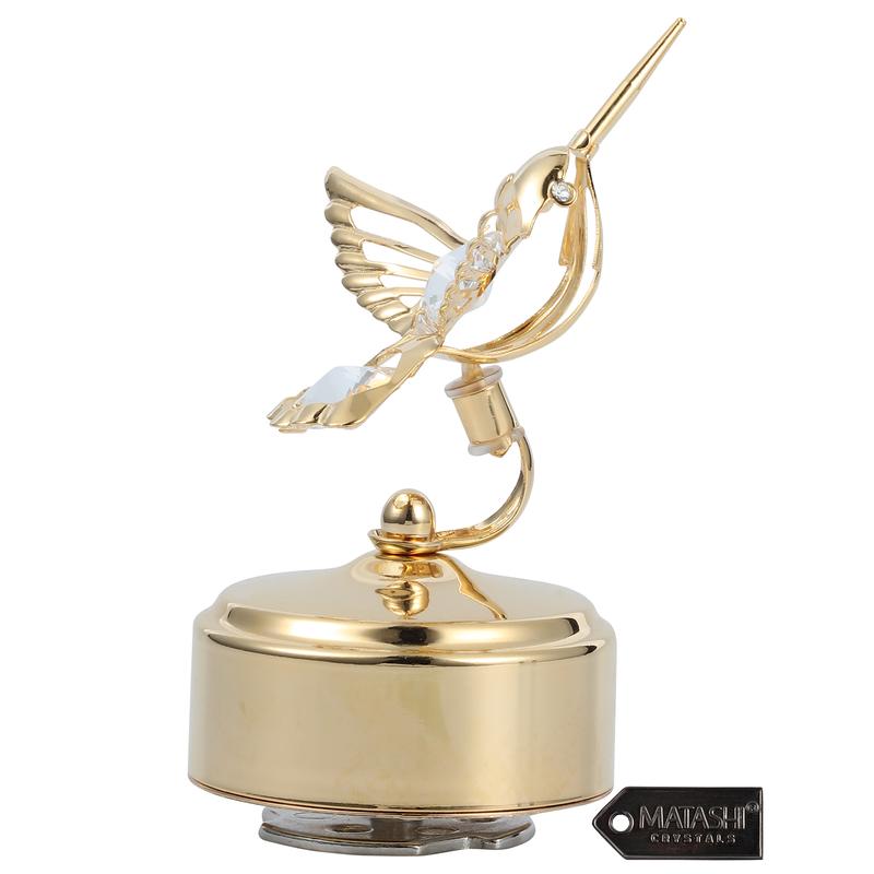 Matashi 24K Gold Plated Music Box - Crystal Studded Bee & Hummingbird Figurine - Plays 'Memory Decor Gift