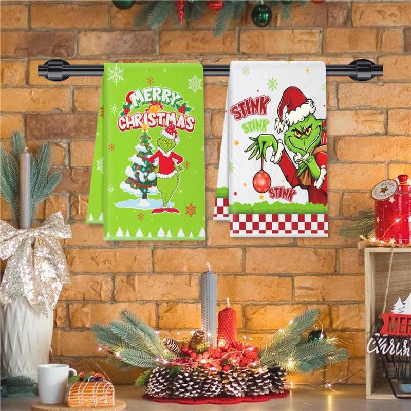 Christmas Kitchen Towels 2 Pcs Grinchmas Christmas Dish Towels, Waffle Weave Super Absorbent Hand Towels for Kitchen Bathroom Home Green Xmas Decorations (23.62 X 15.75 inch) Cleaning Set