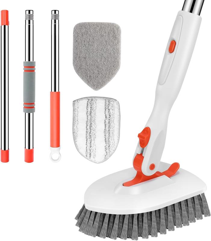 Floor Scrub Brush, 3-In-1 Tile Tub Floor Scrubber with 52-inch Adjustable Long Handle Shower Cleaner Brush and 3 Detachable Replacement Brush Head