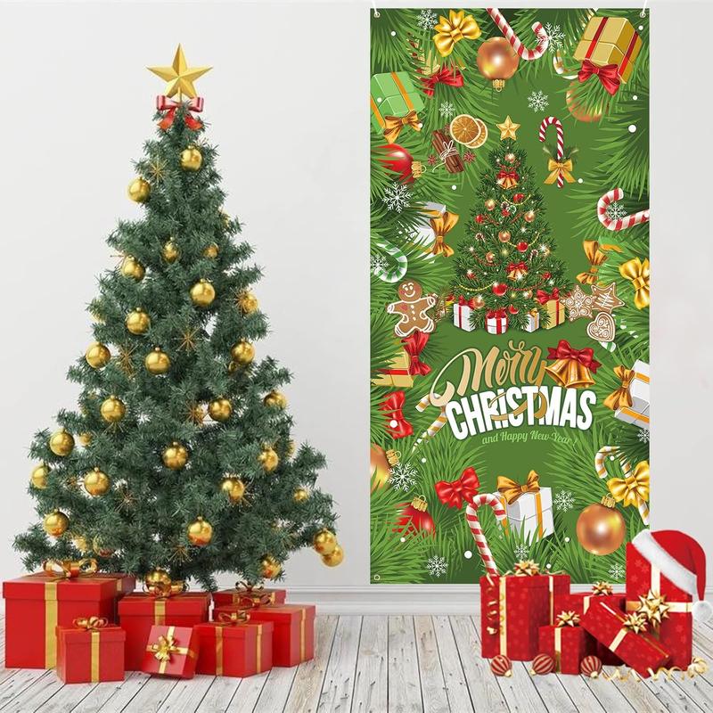 Christmas Door Cover Banner, Green Glitter Christmas Tree Backdrop Banner with Gift Boxes Candy Cane, Xmas Decorations Door Sign Banner for Outdoor Home Yard Garden  Year Party Decor, 90x185cm