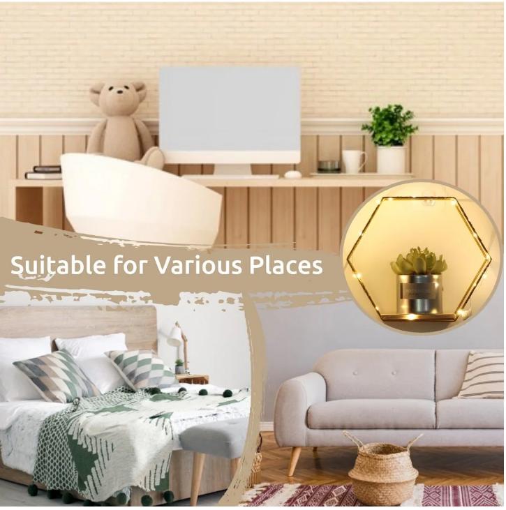 3Pcs Hexagon Floating Shelves with Light Strip for Home Wall Decor