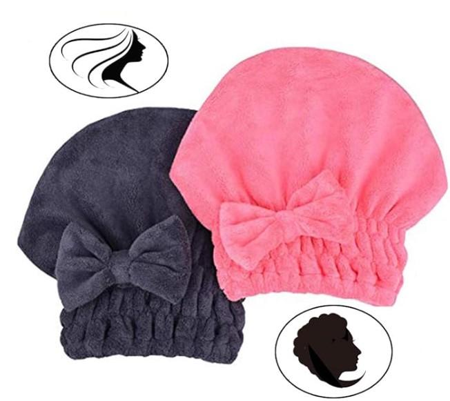 2 Pack Hair Plopping Wrap Microfiber Hair Drying Towels Head wrap with Bow-Knot Shower Cap Hair Turban hair Wrap Bath Cap for Curly Long & Wet Hair Gift for Women Hand Lint