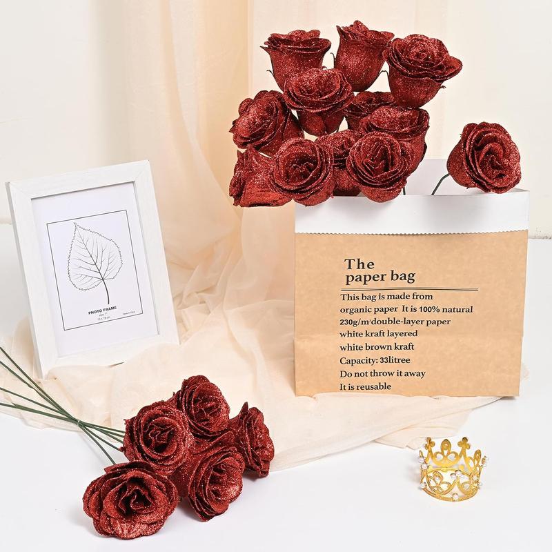 Glitter Roses Bouquet, DIY Fake Glitter Flowers Bouquet, Everlasting Shiny Artificial Red Rose Bouquet for Mothers Day Gifts, Anniversary, Engagement, Wedding,24 Roses Decor Decorative Fruit Pack Plants Floral Ornaments Ornaments