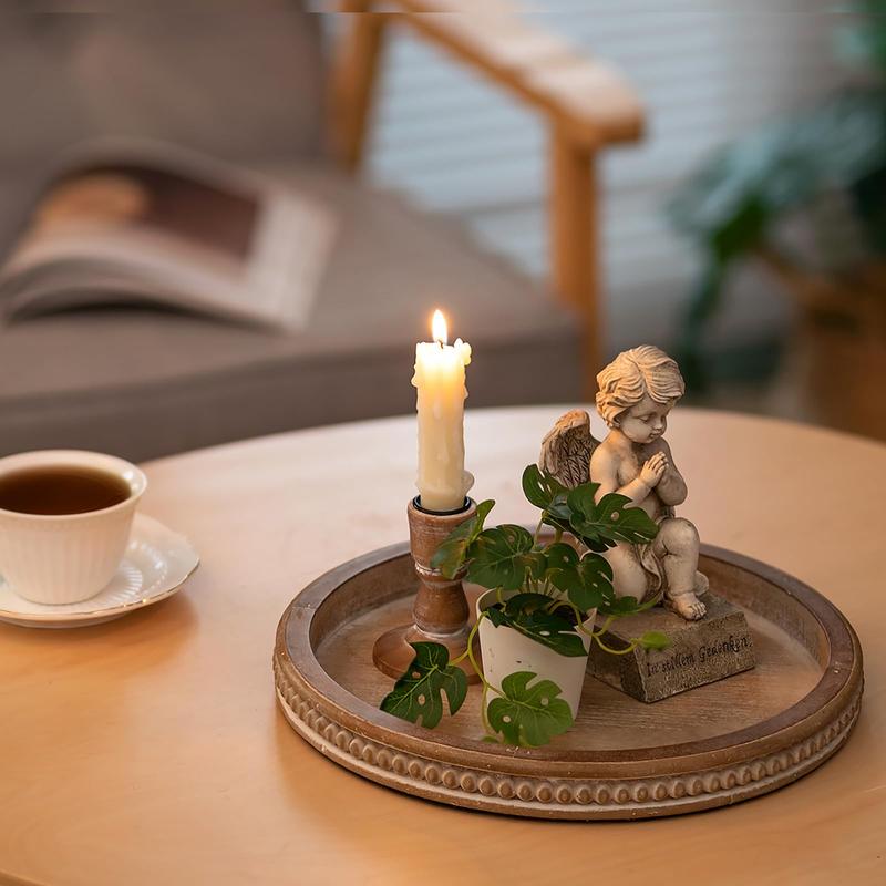 Farmhouse Wood Tray Candle Holder - Bead Round Wooden Decorative Tray for Coffee Table Decor Serving Trays Kitchen Counter Rustic Centerpiece for Living Room Home Organizer, Brown