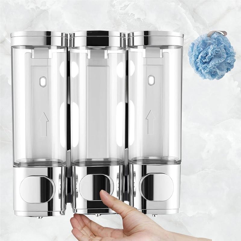 Shampoo & Conditioner Dispenser - 3 Chamber No-Drill Wall-Mounted Shower Dispenser for Bathroom, Hotel, Kitchen -  Electroplated Silver  Soap  Hand