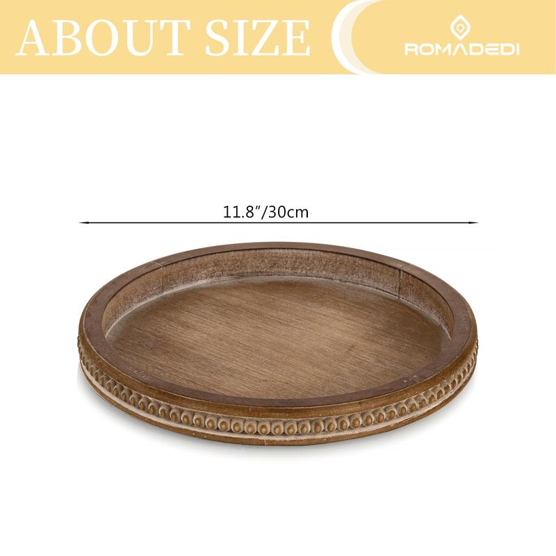 Farmhouse Wood Tray Candle Holder - Bead Round Wooden Decorative Tray for Coffee Table Decor Serving Trays Kitchen Counter Rustic Centerpiece for Living Room Home Organizer, Brown