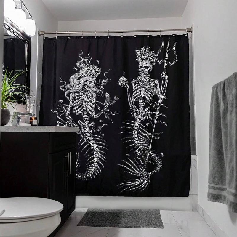 Skeleton Mermaid Pattern Shower Curtain, Halloween Decorative Waterproof Durable Shower Curtain with 12pcs Hooks, Bathroom Accessories for Home Salon Dormitory Hotel