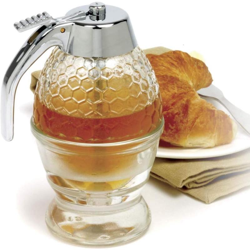 Honey Syrup Dispenser Glass Honey Jar No Drip Glass Container with Stand Bottles Tin Canister Organiser