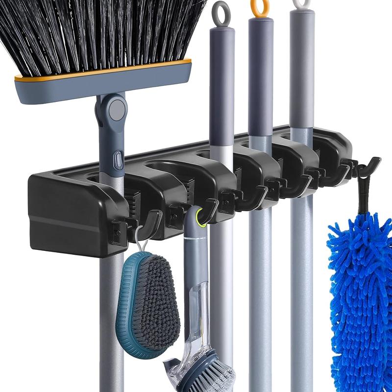 Heavy-Duty Wall-Mounted Broom and Mop Holder with Hooks for Organizing Garden Tools, Ideal for Garage and Laundry Room Storage Solutions