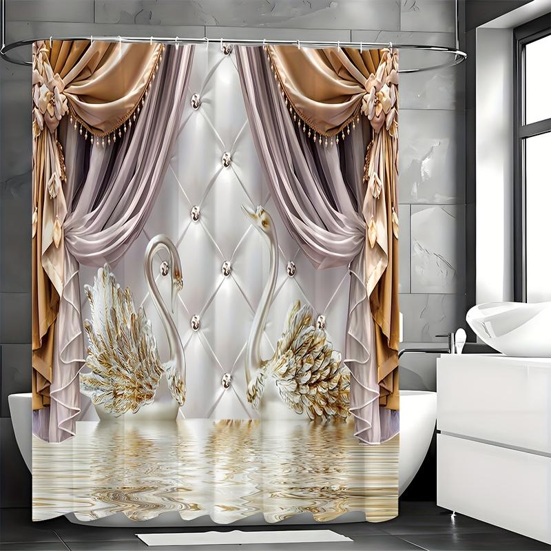 1 Piece Gold Floral Swan Print Shower Curtain Set with Hooks Waterproof Bathroom Partition Curtain, Bathroom Accessories, Beautiful Room Decoration