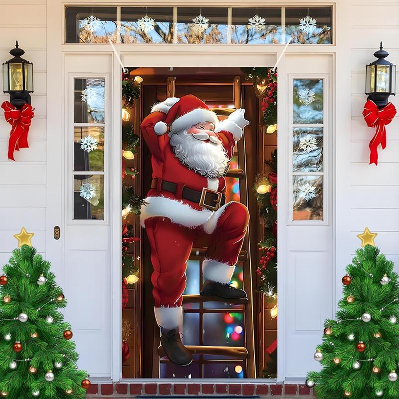 Santa Claus Climbing Ladder Door Banner, 1 Count Christmas Themed Door Decoration, Festive Backdrop for Home Party Decoration